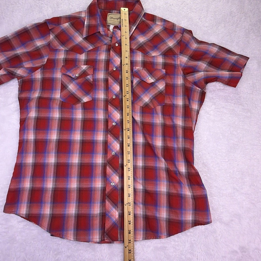 Wrangler Mens XL Red White & Blue Plaid Pearl Snaps Short Sleeve Button Up Shirt - Picture 7 of 8